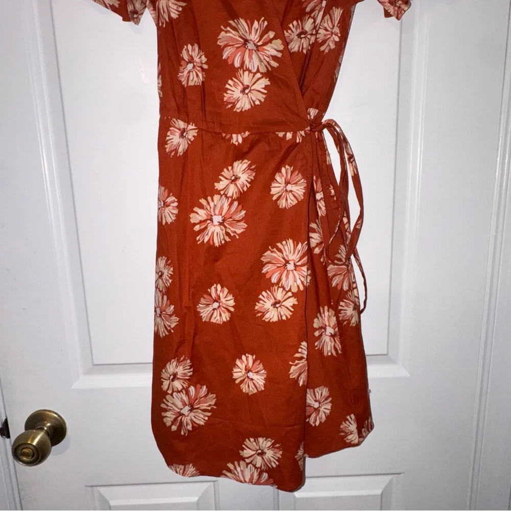 Madewell Floral Print Wrap Cotton V-Neck Mini Dress Rusty Torch dark orange S - Picture 8 of 16
